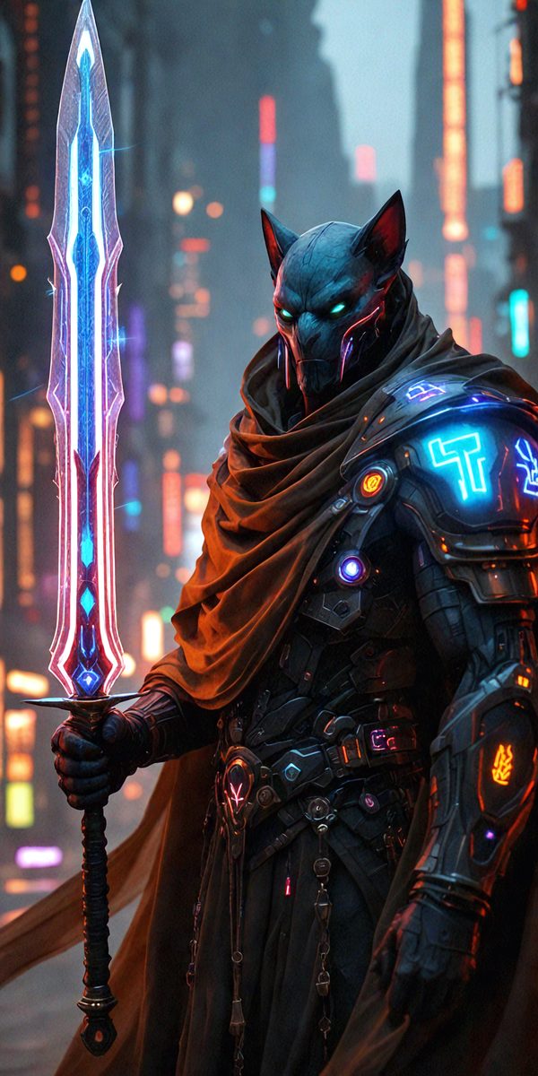The primary subject of the image is a man dressed in a futuristic outfit, holding a large sword. The setting appears to be a futuristic city, with a backdrop of a cityscape. The visual style of the image is digital art, with the man and his surroundings depicted in a detailed and colorful manner. The colors and mood of the image are vibrant and energetic, with the man's outfit and the sword creating a sense of power and adventure.
